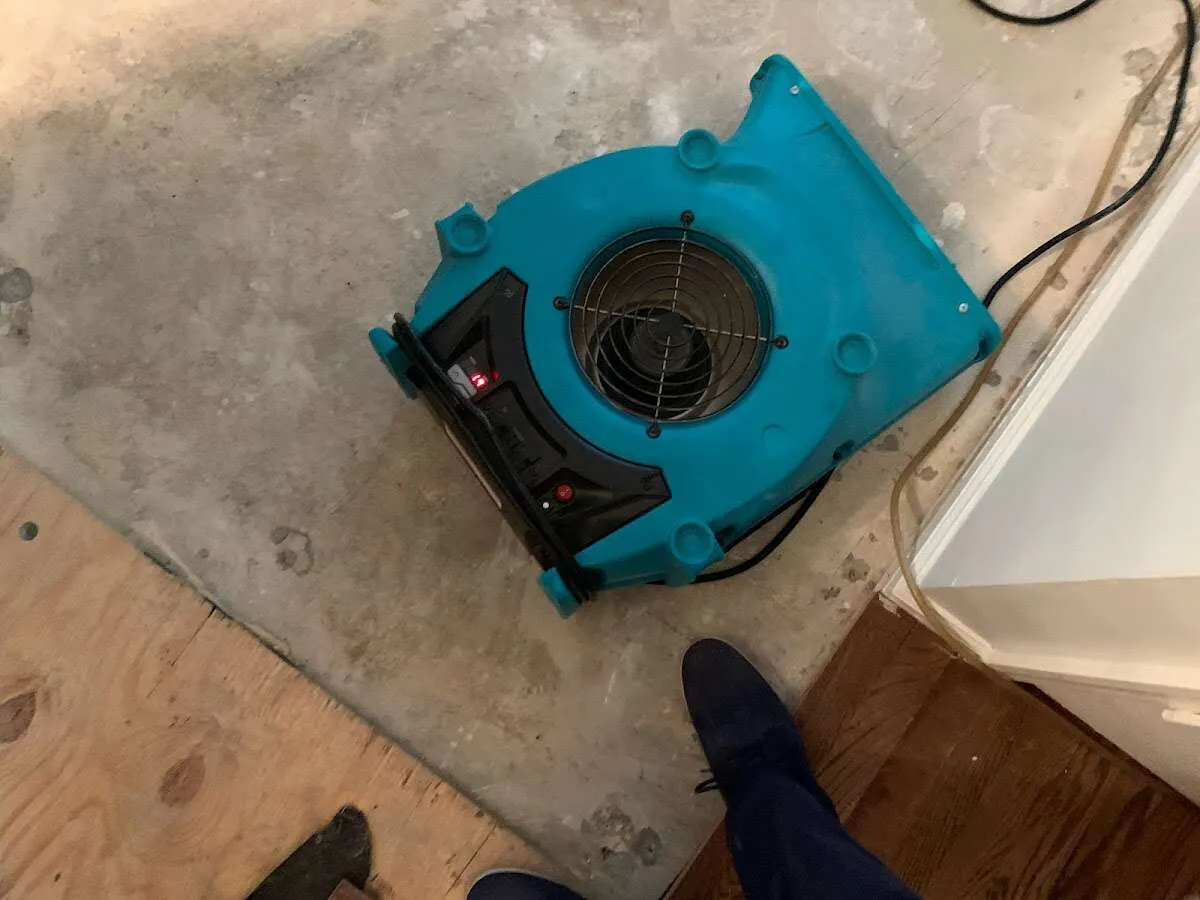 Air mover drying subfloor during Leak Detection & Repair in Willoughby